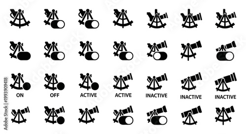 Switch, toggle, button, icon set, 25 black vector graphics, on off active inactive symbols