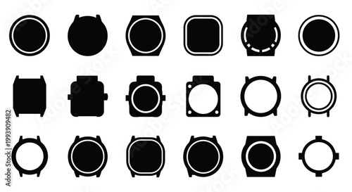 Watch icons, smartwatch logos, wearable device symbols, black vector graphics