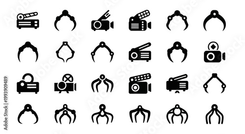 Film, movie, and camera icons, black vector set, 25 elements, film production symbols, cinematic illustration