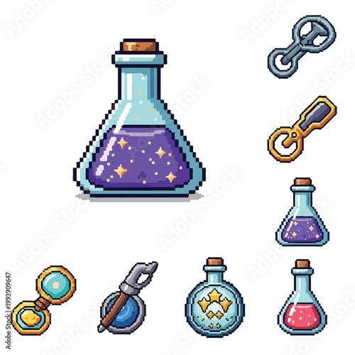 A collection of pixel art magic potions and vintage mystical tools featuring vibrant colors and starry liquids for a fantasy game UI.