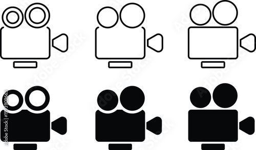 Video Camera and Recording Icon Set – Film, Media Production and Cinema Line and Solid Vector Icons