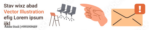 Office management, communication, teamwork, workplace notifications, organizational tools, email systems. Chairs, hand pointing and email notification. Office management and communication tools