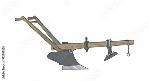 Vintage Hand Plow Vector Illustration, Traditional Agricultural Farming Tool Design, Isolated Rustic Farm Equipment Graphic for Cultivation and Soil Tillage