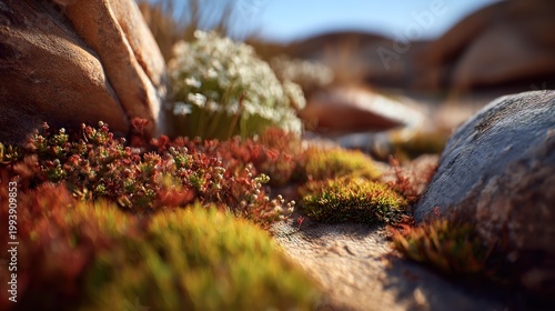 Close-up view of colorful moss, small plants, and rocks in a natural outdoor setting with a