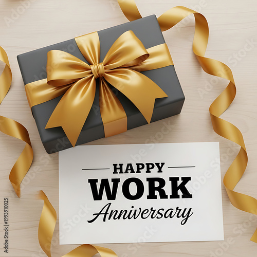 Dark grey gift box with gold ribbon and happy work anniversary card
