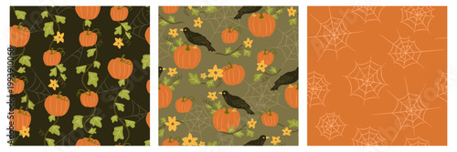 Set of Cute Spooky Halloween Seamless pattern Vector illustration