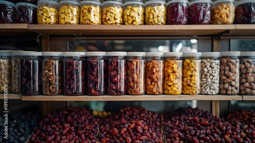 Neat red dates on the shelves of a dried fruit shop