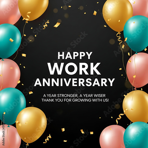 Happy Work Anniversary with Balloons and Confetti celebration