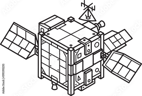  Isometric Line Art Illustration of a CubeSat Satellite with Solar Panels and Antennas - Space Technology and Telecommunications Concept