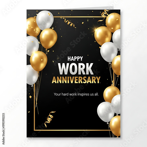 Happy Work Anniversary greeting card with gold and white balloons