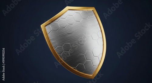 Metallic shield with a gold border and hexagonal pattern, symbolizing protection and security