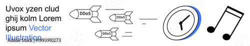 Cybersecurity, threats, technology interference, online attacks, data protection, digital risks. Visual with DDoS missiles and clock alongside a musical note icon. Cybersecurity and threats concept