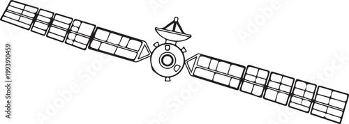pacecraft satellite line art illustration with large solar panels and communication dish, isolated vector icon for space exploration and science themes.