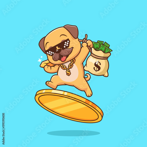 Cool Pug Dog with Sunglasses and Gold Coin.