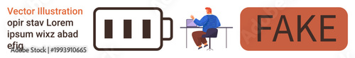 Fraud detection, misinformation, low energy, social media scams, fake content, cybersecurity. Battery and fake symbol with a person working at a desk. Fraud detection and misinformation concept