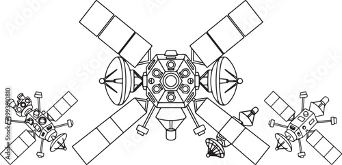 Space Satellites and Orbital Stations Line Art Illustration, Coloring Book Vector Graphic with Communications Craft and Probes