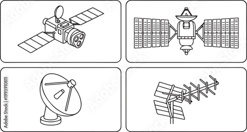 Set of Satellite and Communication Antenna Line Art Icons for Space Technology and Telecommunications