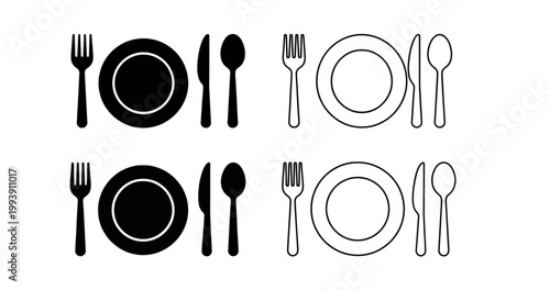 Restaurant Dining Icon Set: Fork, Knife, Spoon and Plate Vector Silhouettes and Outlines for Menu Design