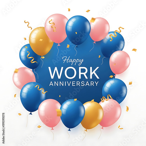 Blue Pink Gold Balloons Confetti Happy Work Anniversary
