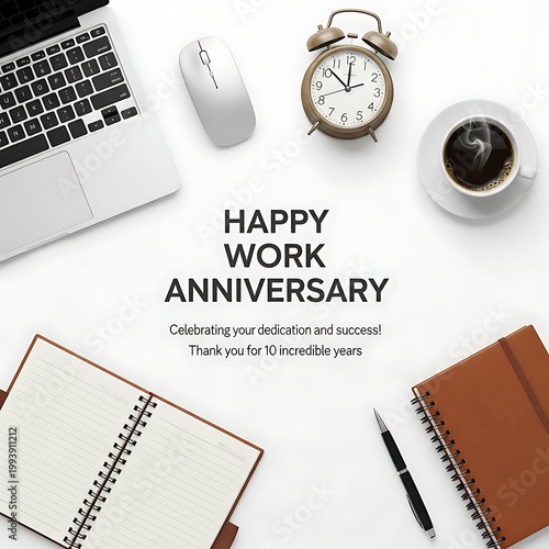 Happy Work Anniversary text with office desk celebration