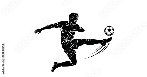 Soccer Player Action Silhouette: Male Athlete Kicking Football in Mid-Air Volley for Sports Branding and Tournament Design