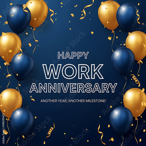 Happy Work Anniversary Balloons Confetti Dark Blue