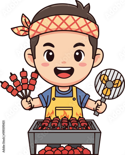 A cheerful boy grilling meatballs on a grill while holding skewers and a spatula.