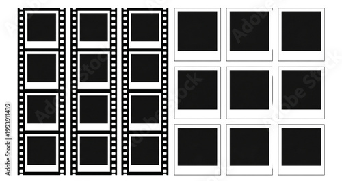 Retro Photography Frame Set: 12 Vintage 35mm Film Strips and Instant Photo Borders for Social Media and Cinematic Layouts