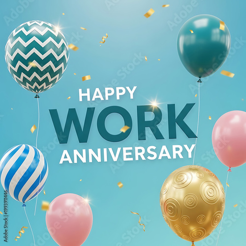 Happy work anniversary celebration with balloons and confetti 3