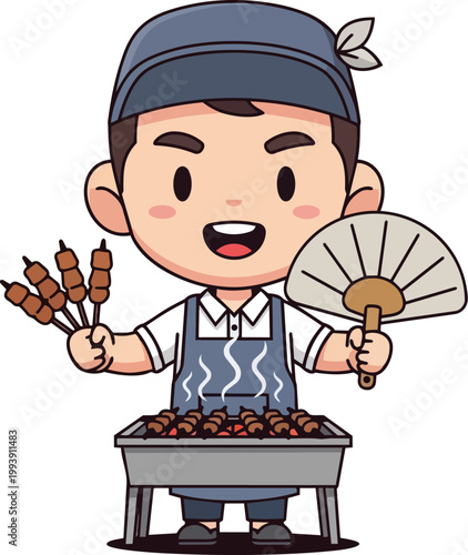 A chef grills meat on skewers while smiling and fanning himself with a large fan outdoors.