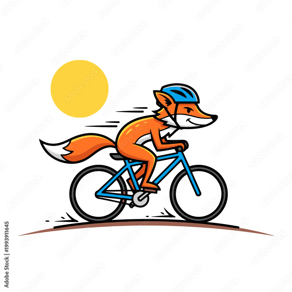 Fototapeta premium Fox Character Riding a Bicycle with Helmet Illustration.