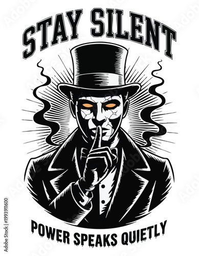 Man in hat with shushing finger, glowing eyes, and "power speaks quietly" text