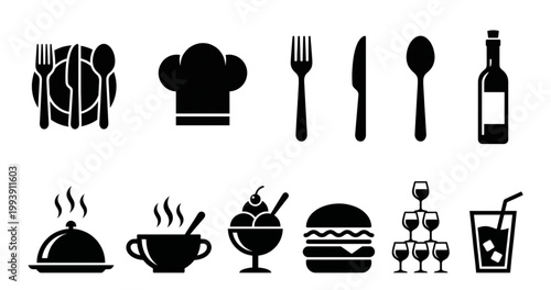 Restaurant and Dining Icon Set: Black Silhouettes of Chef Hat, Cutlery, Burger, Wine, and Food Symbols for Menu Design