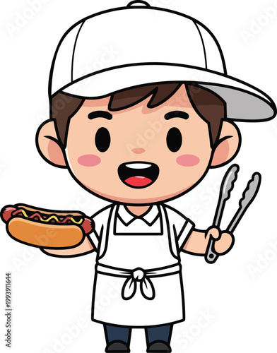 A cheerful chef serves a hot dog wearing an apron and cap.