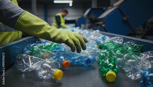 Fotografie A worker in a recycling plant sorting empty plastic bottles on a conveyor belt