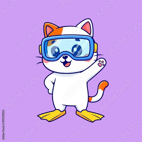 Cute cartoon cat wearing snorkeling gear and flippers.