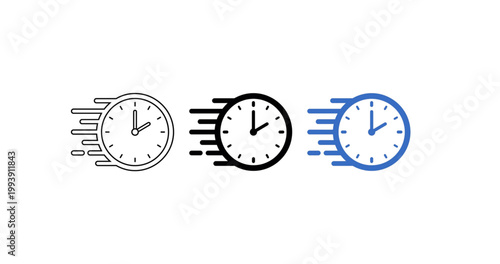 Fast Time Icon Set: Three Clock Symbols with Speed Motion Lines in Black and Blue for Deadline and Efficiency Concepts