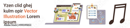 Remote teamwork, online learning, creative industries, digital collaboration, communication tools, multimedia production. Laptop and music note with chat and workflow icons. Remote teamwork