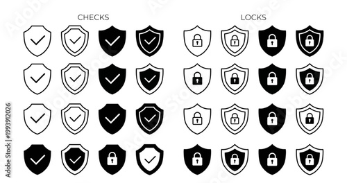 Cyber Security Icon Set: 32 Shield Symbols with Padlocks and Checkmarks for Data Protection, Privacy, and Verification