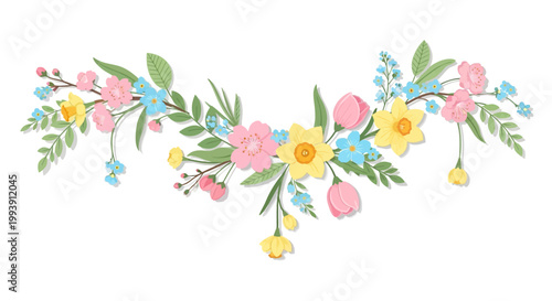 Detailed vector illustration showing a floral arrangement with pink tulips, yellow daffodils, and blue forget-me-nots on a white background, creating a cheerful and spring-like mood