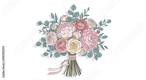 Detailed floral illustration of a tied bouquet featuring pink and white roses and green eucalyptus leaves, presented in a delicate, hand-drawn style with soft pastel colors against a clean