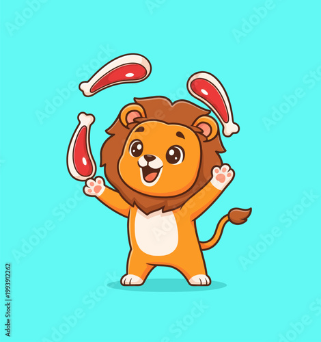 Cute Cartoon Lion Juggling Meat Chops with Joyful Expression.