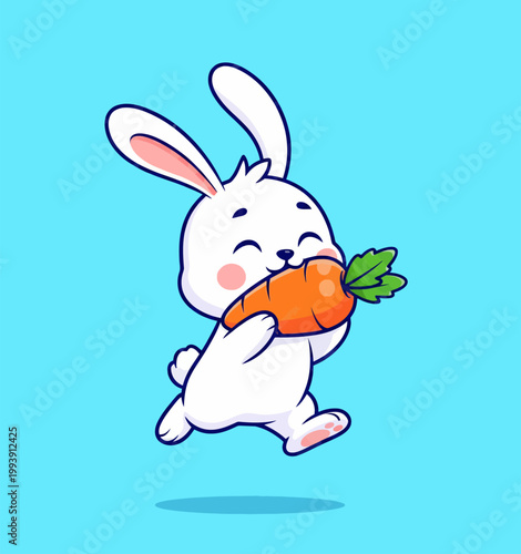 Cute cartoon white bunny rabbit happily eating a big carrot.
