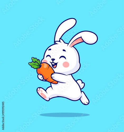 Cute cartoon white bunny rabbit happily holding a carrot 1.