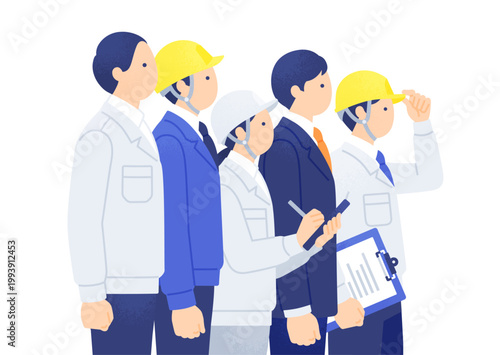 希望を持って前を向く 未来を見つめる 作業服とスーツを着た男女5人組のイラスト素材