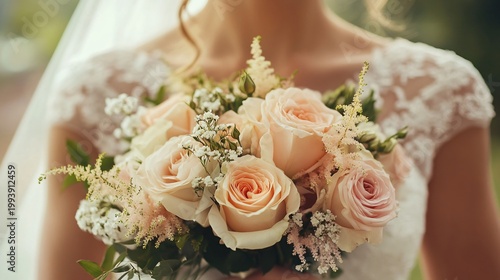 Bride holding a pink rose bouquet.