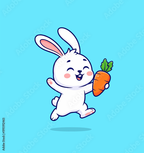 Cute cartoon white bunny rabbit happily holding a carrot.