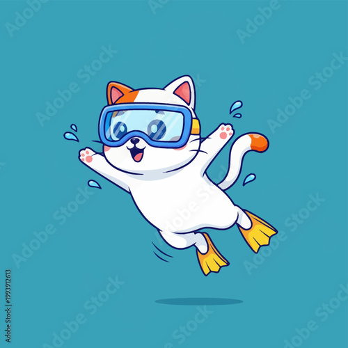 Cute Cat Swimmer Wearing Goggles and Fins.