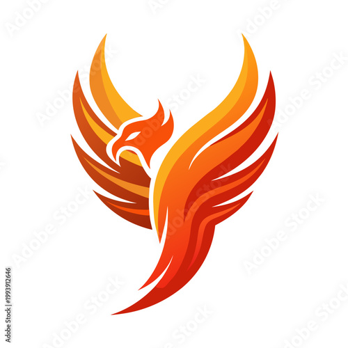 Fiery phoenix bird symbol rising with orange and red flame wings graphic