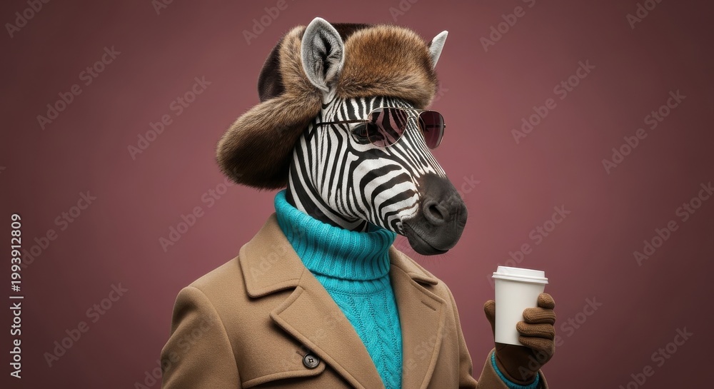 Fototapeta premium Fashionable zebra wearing a fur hat and sunglasses holds a cup of coffee.